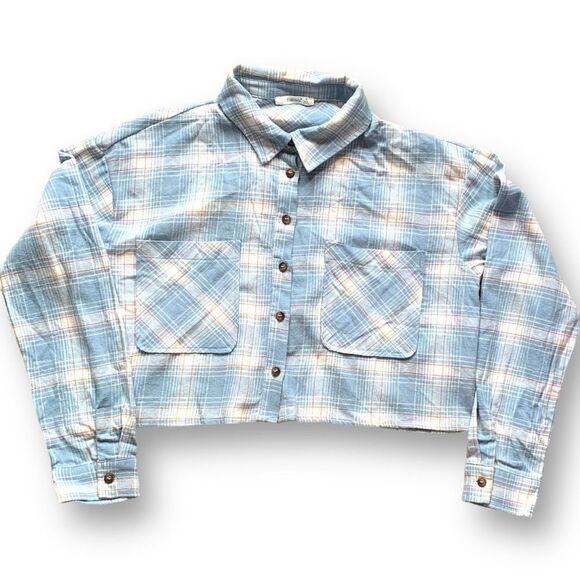 Timing Women's Blue Plaid Flannel Cropped Long Sleeve Button Down Shirt Small - Picture 6 of 11